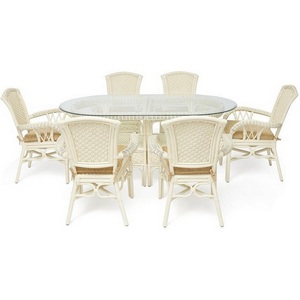 Изображение товара Комплект обеденный GRAND (стол со стеклом+6 кресел+ подушки) TCH (белый), Ткань рубчик, цвет кремовый ANDREA GRAND