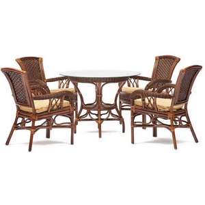 Изображение товара Комплект обеденный ANDREA (стол со стеклом + кресла подушки) Pecan Washed (античн. орех), Ткань рубчик, цвет кремовый Andrea