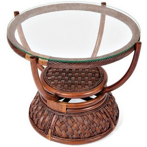 Изображение товара Столик кофейный с полкой ротанг, D60х50см, Pecan Washed (античн. орех) Andrea (круглая столешница, О-образная опора)