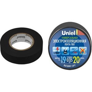 Изображение товара Изоляционная лента 20м, 19мм, 0,135мм, 1шт, черный Uniel UIT-135P 20/19/01 BLK