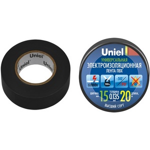 Изображение товара Изоляционная лента 20м, 15мм, 0,135мм, 1шт, черный Uniel UIT-135P 20/15/01 BLK