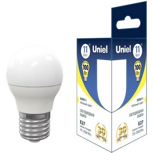 Изображение товара Лампа светодиодная, форма "шар", матовая, теплый белый свет 3000K Uniel ACTION LED-G45-11W/3000K/E27/FR PLS03WH