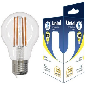 Изображение товара Лампа светодиодная прозрачная, теплый белый свет 3000K Uniel ACTION LED-A60-12W/3000K/E27/CL GLA03TR