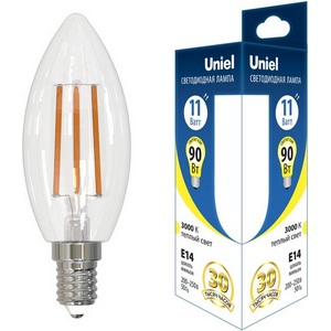 Изображение товара Лампа светодиодная, форма "свеча", прозрачная, теплый белый свет 3000K Uniel ACTION LED-C35-11W/3000K/E14/CL GLA03TR