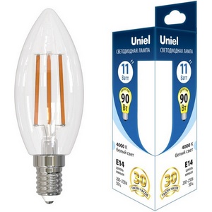 Изображение товара Лампа светодиодная, форма "свеча", прозрачная, белый свет 4000K Uniel ACTION LED-C35-11W/4000K/E14/CL GLA03TR