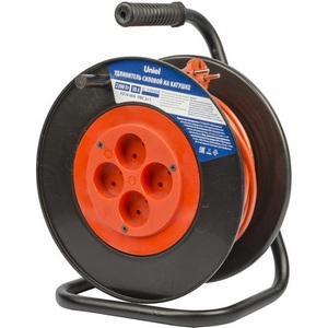 Изображение товара Удлинитель силовой на пластиковой катушке, б/з, 4 гнезда, 20м (ПВС 2х1), 10A. оранжевый/черный Uniel Садовые на пластиковой катушке YX10-004 /UCK-4N/2x1,00/20M/S ORANGE/BLACK