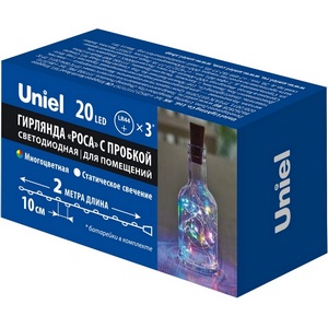 Изображение товара Гирлянда пластиковая светодиодная «Роса» с пробкой на батарейках 3*LR44(в/к), 2м. 20 светодиодов, разноцветный свет Uniel ULD-S0200-020/SСR/3LR MULTI IP20 WINESTOPPER