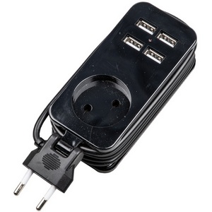 Изображение товара Удлинитель шнур 1,5м., 1 гнездо, 10A, б/з, 4USB(2,1A). черный Uniel Travel S-CT1-1,5U BLACK
