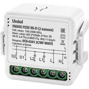 Изображение товара Умное реле Wi-Fi. 2 канала. 100-240В. 2*10А. 2*2200Вт. 2*250Вт для светодиодов. Встраиваемое. Голосовое управление приложение UnielSmart Uniel UCH-A301 2C/WF WHITE