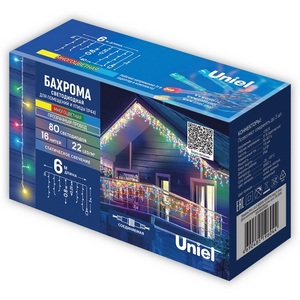 Изображение товара Бахрома светодиодная со статическим свечением, 6м. соединяемая, 80 светодиодов, разноцветный свет Uniel ULD-B6006-080/STK MULTI IP44