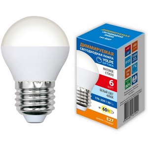 Изображение товара Лампа светодиодная, диммируемая, форма "шар", матовая, белый свет 4000K Volpe OPTIMA DIM LED-G45-6W/4000K/E27/FR/DIM/SLS