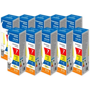 Изображение товара Лампа светодиодная Volpe Optima Филамент LED-CW35-7W/3000K/E14/CL/SLF Набор из 10штук свеча на ветру прозрачная теплый белый свет 3000К