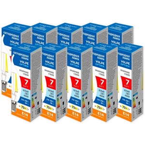 Изображение товара Лампа светодиодная Volpe Optima Филамент LED-CW35-7W/4000K/E14/CL/SLF Набор из 10штук свеча на ветру прозрачная белый свет 4000К