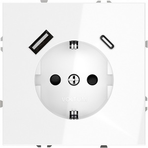 Изображение товара Розетка встраиваемая с заземлением, шторками и USB Type A+С (белый глянцевый) IP30 Voltum S70 VLS040501