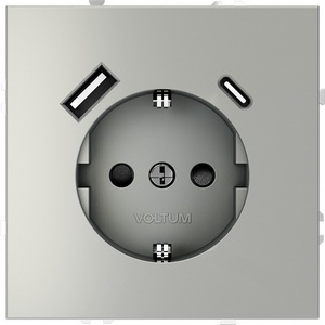 Изображение товара Розетка встраиваемая с заземлением, шторками и USB Type A+С (сталь) IP30 Voltum S70 VLS040505
