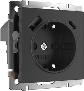 Изображение товара Розетка встраиваемая с заземлением, шторками и USB тип A+C (черный) Werkel W1171708 (a056275)
