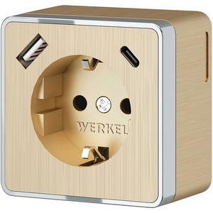 Изображение товара Розетка накладная с заземлением,шторками и USB Type A+С (шампань рифленый) Werkel W5071710 (a057703)