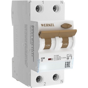 Изображение товара Дифференциальный автомат 1P+N 25 A 30 mА 6 kА C А Werkel W922P256 (a062570)