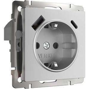 Изображение товара Розетка встраиваемая с заземлением,шторками и USB Type A+С (серебряный матовый) Werkel W1171765 (a063618)