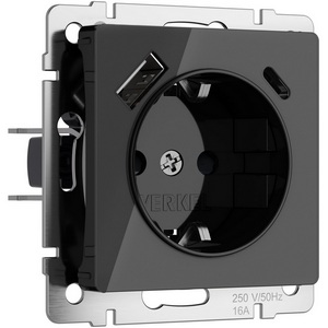 Изображение товара Розетка встраиваемая с заземлением,шторками и USB Type A+С (черный акрил) Werkel W1171748 (a064044)