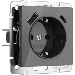 Изображение товара Розетка встраиваемая с заземлением,шторками и USB Type A+С (графит акрил) Werkel W1171744 (a064093)