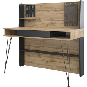 Изображение товара Письменный стол (регулировка по высоте) с ящиком и полкой Нобира антрацит/дуб ирландский (прямоугольная столешница, 2 ножки)