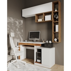 Изображение товара Компьютерный стол с ящиком и полкой Модена комплектация 2 белый/дуб вотан (ЛДСП) (прямоугольная столешница)