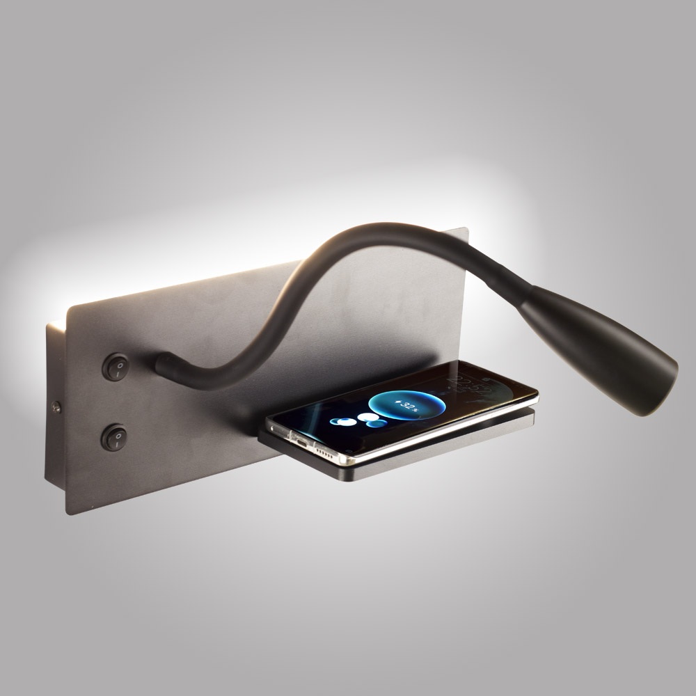 Изображение товара Настенный светильник светодиодный для чтения с выключателем с полкой AM Group AM483 AM483 BK