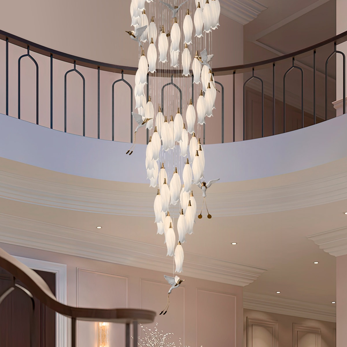 Изображение товара Потолочная каскадная люстра водопад с цветами и птичками Cloyd Argana 11240