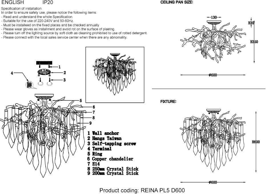 Изображение товара Потолочная люстра Crystal Lux REINA PL5 D600 SILVER PATINA форма ветки с подвесками