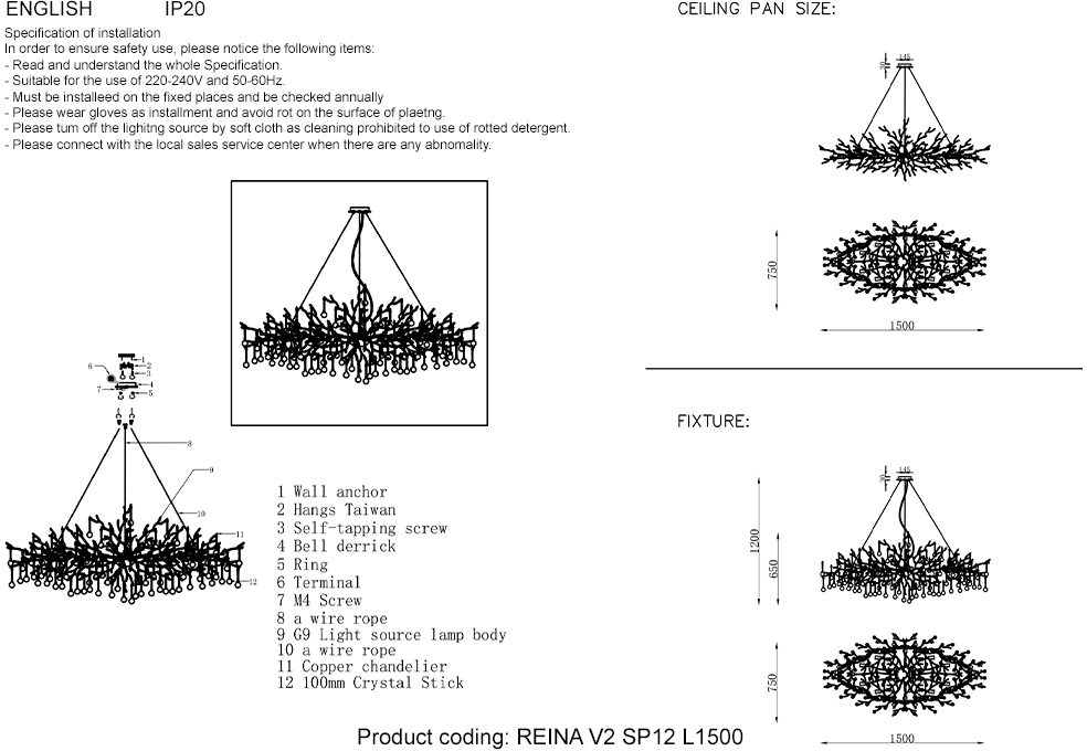 Изображение товара Подвесная люстра Crystal Lux REINA V2 SP12 L1500 GOLD PEARL форма ветки с подвесками