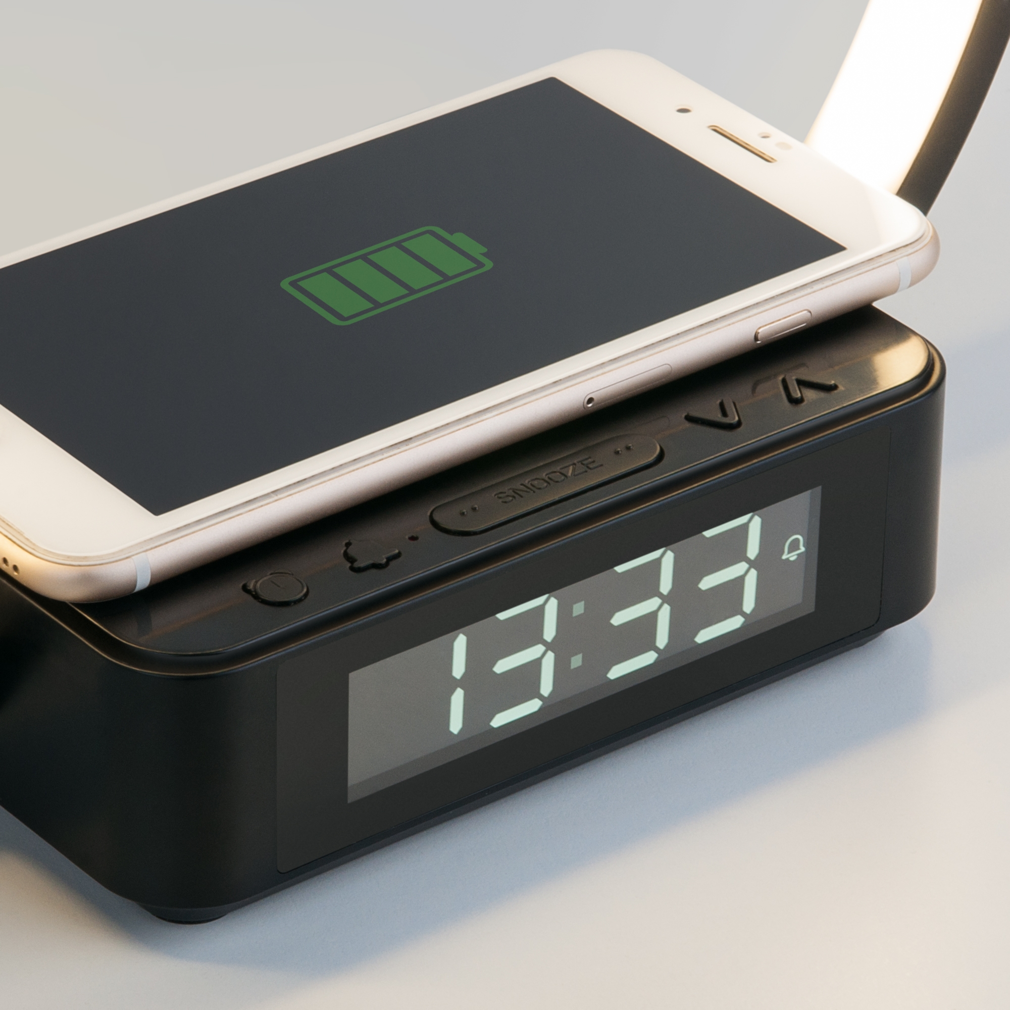 Изображение товара Настольная лампа led диммируемая светодиодная с регулировокой яркости выключателем и беспроводным ЗУ будильником часами 80505/1 Eurosvet Timelight черный