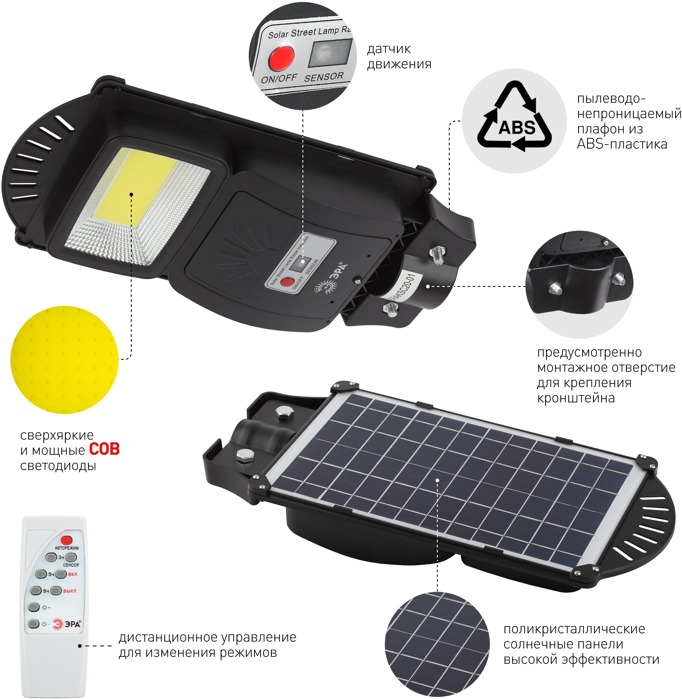 Уличный консольный светильник светодиодный на солнечных батареях с пультом  и датчиком движения ЭРА ERAKSC20-01 купить выгодно в интернет-магазине  Лю.ру - Доставка в Москве, по России