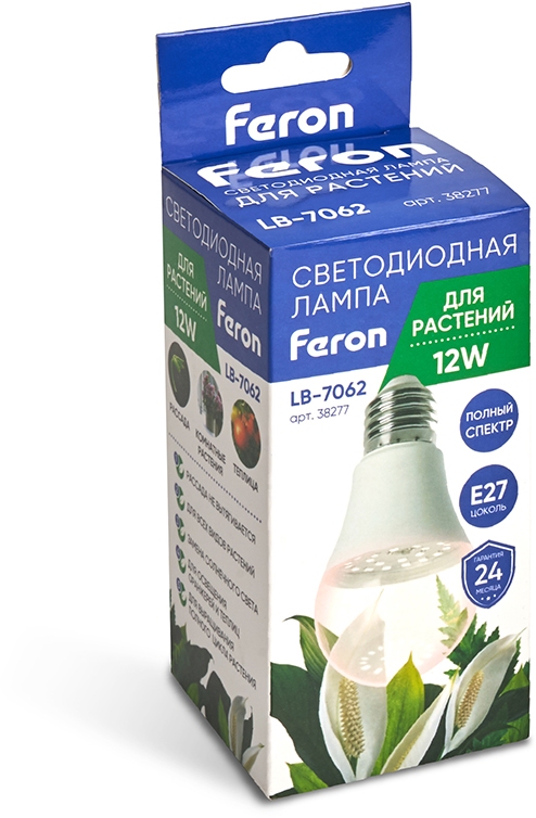 Изображение товара Лампа светодиодная для растений А60 Feron 38277 LB-7060 E27 12W полный спектр