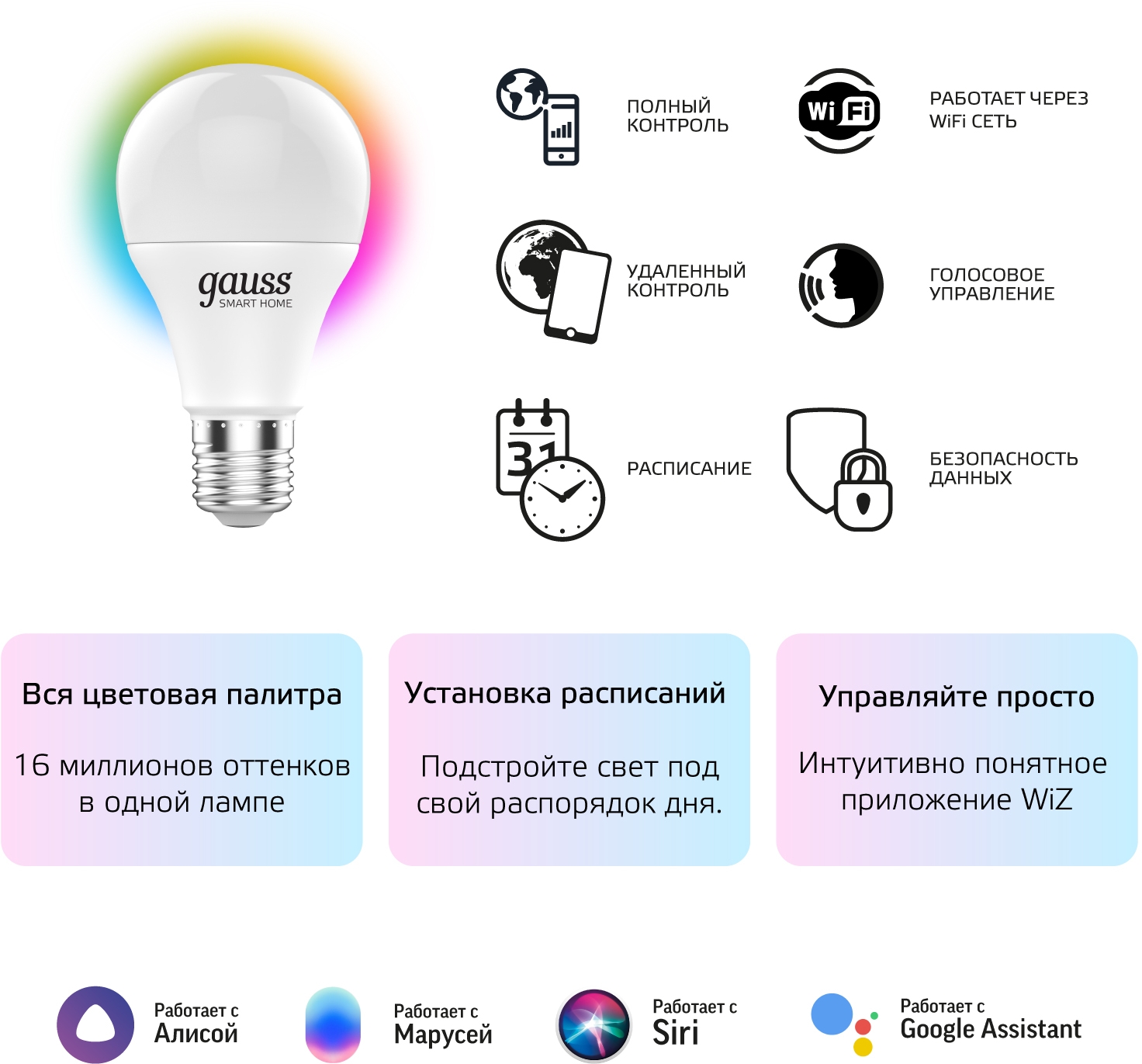 Лампочка светодиодная диммируемая с голосовым управлением и со смартфона  Gauss Smart Home 1170112 купить выгодно в интернет-магазине Лю.ру -  Доставка в Москве, по России