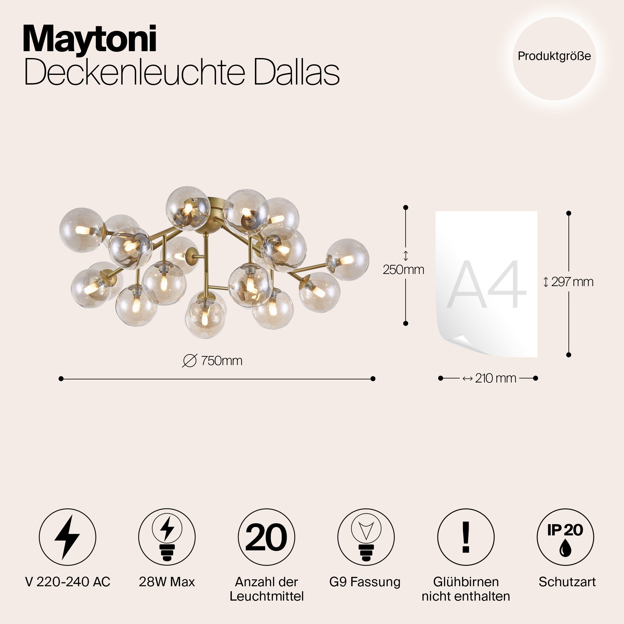 Изображение товара Потолочная люстра молекулы Maytoni Dallas MOD545PL-20G