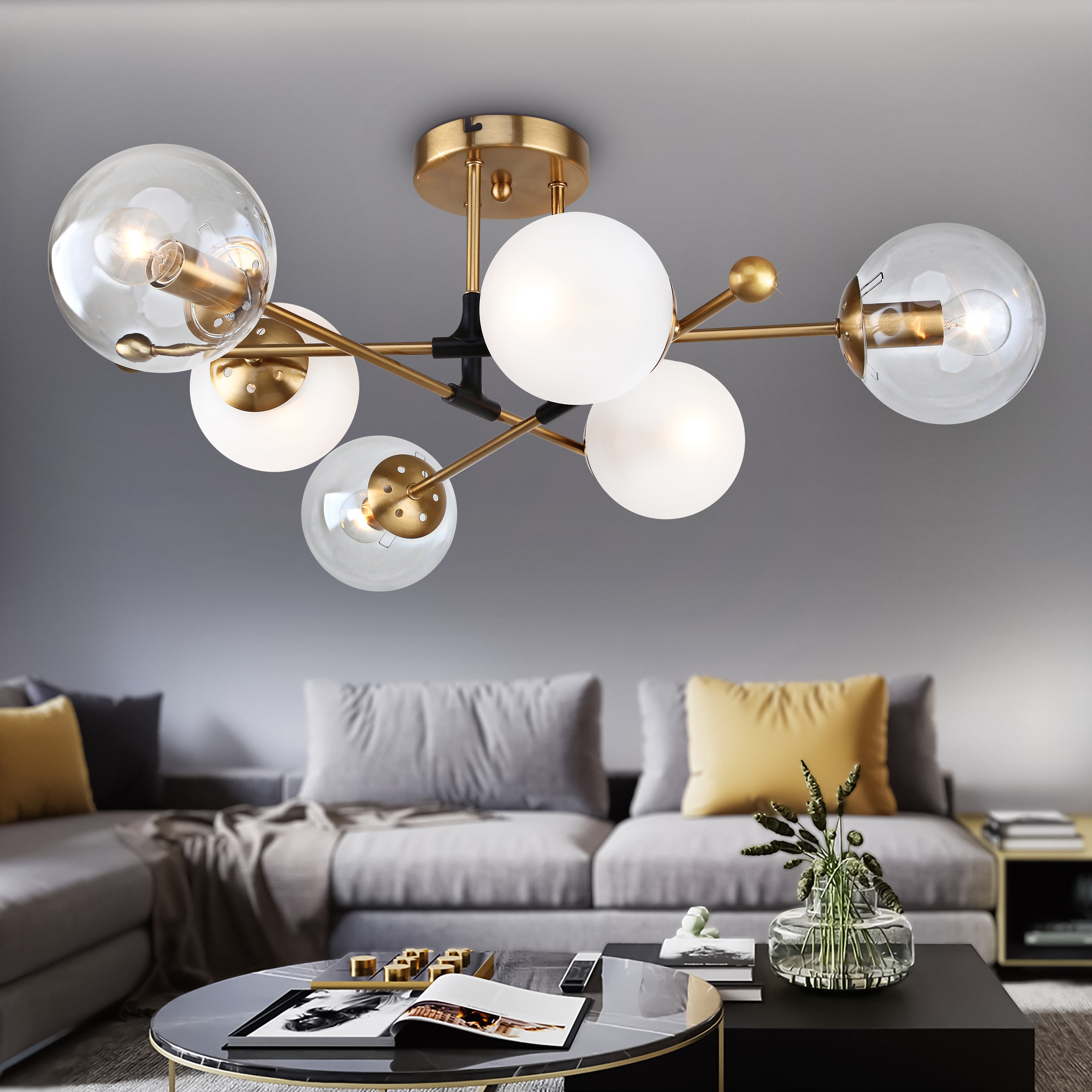 Изображение товара Потолочная люстра на штанге Rivoli Darlene 3145-306 стиль модерн 6 плафонов белые стеклянные шарики