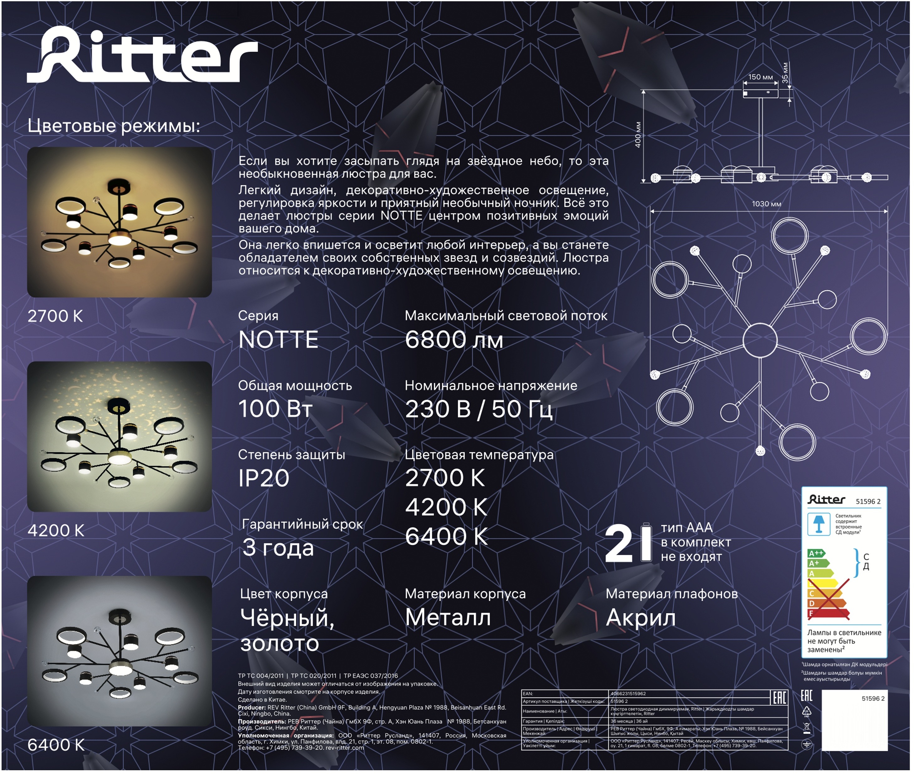 Потолочная люстра на штанге светодиодная Ritter Notte 51596 2 купить  выгодно в интернет-магазине Лю.ру - Доставка в Москве, по России