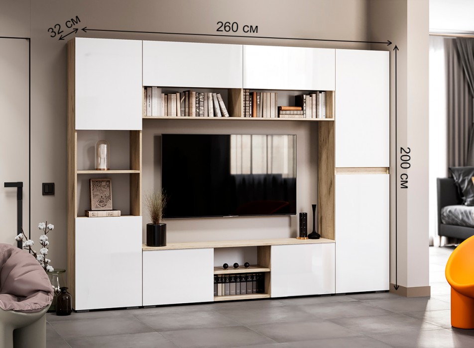 Изображение товара Модульная гостиная Алетра комплектация 2 стенка серый дуб крафт глянец белый 260 см