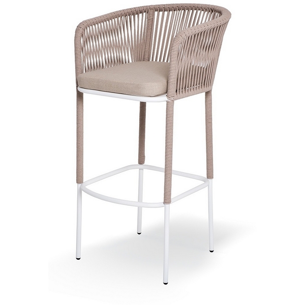 

"Марсель" стул барный плетеный из роупа, каркас из стали белый муар, роуп бежевый круглый, ткань бежевая 15052 4SIS арт.УТ-00011261, Марсель MAR-BCH-st001 W Mua beige(beige15052)