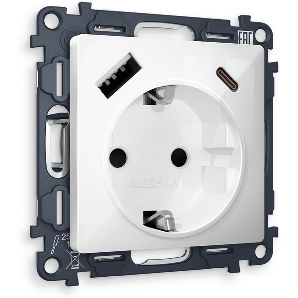

Комплект механизма Ambrella Volt электрической розетки ALFA MA110010 Белый глянец 2USB A+C 20W быстрая зарядка с заземлением и шторками 2P+E 16A-250V QUANT, Quant MA110010