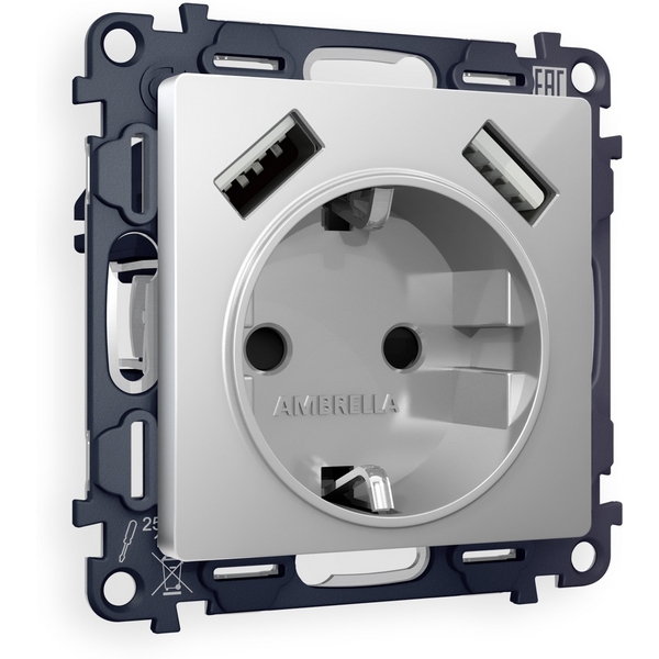 

Комплект механизма Ambrella Volt электрической розетки ALFA MA409010 Серебро глянец 2USB A+A 18W быстрая зарядка с заземлением и шторками 2P+E 16A-250V QUANT, Quant MA409010