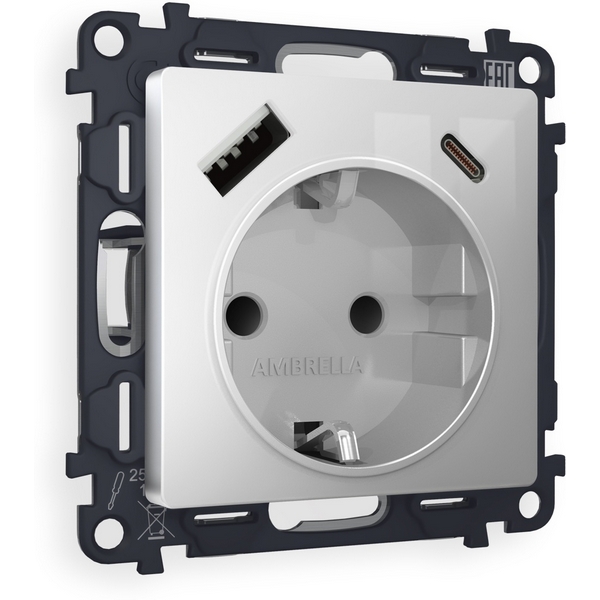 

Комплект механизма встраиваемый Ambrella Volt электрической розетки ALFA MA410010 Серебро глянец 2USB A+C 20W быстрая зарядка с заземлением и шторками 2P+E 16A-250V QUANT, Quant MA410010