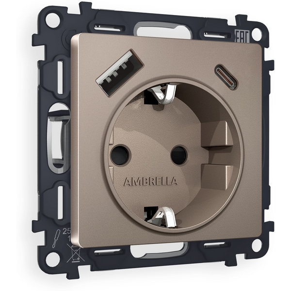 

Комплект механизма Ambrella Volt электрической розетки ALFA MA640010 Темная бронза матовый 2USB A+C 20W быстрая зарядка с заземлением и шторками 2P+E 16A-250V QUANT, Quant MA640010