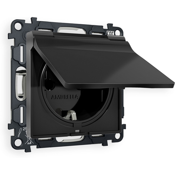 

Комплект механизма встраиваемый Ambrella Volt электрической розетки ALFA MA808010 Черный матовый с заземлением с шторками и защитной крышкой 2P+E 16A-250V IP44 QUANT, Quant MA808010