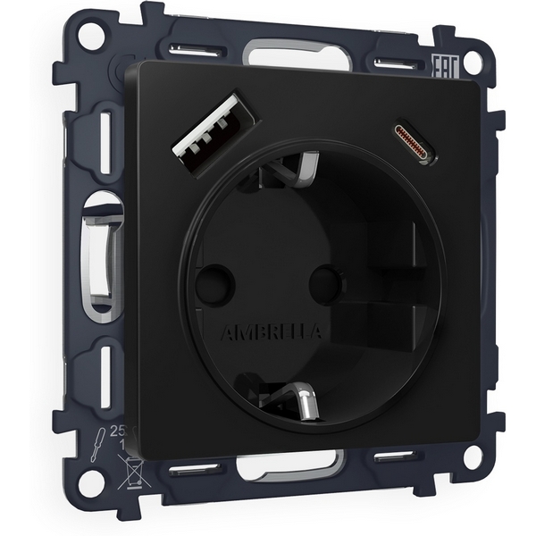 

Комплект механизма Ambrella Volt электрической розетки ALFA MA810010 Черный матовый 2USB A+C 20W быстрая зарядка с заземлением и шторками 2P+E 16A-250V QUANT, Quant MA810010
