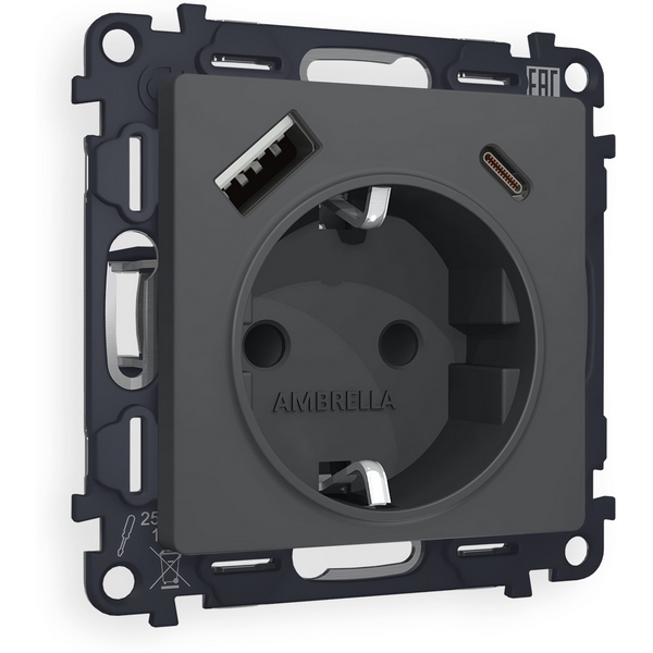 

Комплект механизма Ambrella Volt электрической розетки ALFA MA910010 Графит мягкое касание 2USB A+C 20W быстрая зарядка с заземлением и шторками 2P+E 16A-250V QUANT, Графитовый, Quant MA910010