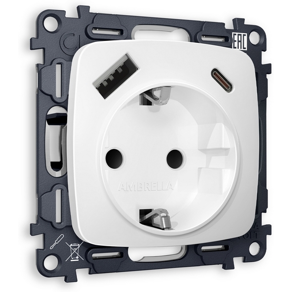 

Комплект механизма Ambrella Volt электрической розетки OMEGA MO130010 Белый матовый 2USB A+C 20W быстрая зарядка с заземлением со шторками 2P+E 16A-250V QUANT, Quant MO130010