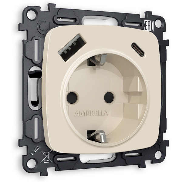 

Комплект механизма Ambrella Volt электрической розетки OMEGA MO330010 Бежевый матовый 2USB A+C 20W быстрая зарядка с заземлением со шторками 2P+E 16A-250V QUANT, Quant MO330010