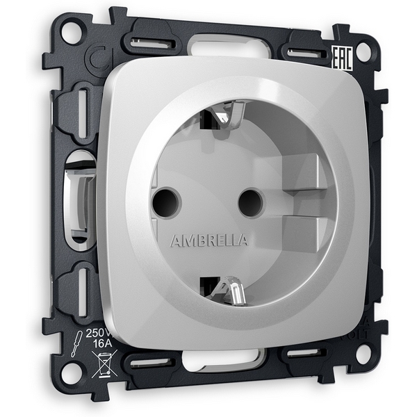 

Комплект механизма встраиваемый Ambrella Volt электрической розетки OMEGA MO407010 Серебро глянец с заземлением и шторками 2P+E 16A-250V QUANT, Quant MO407010